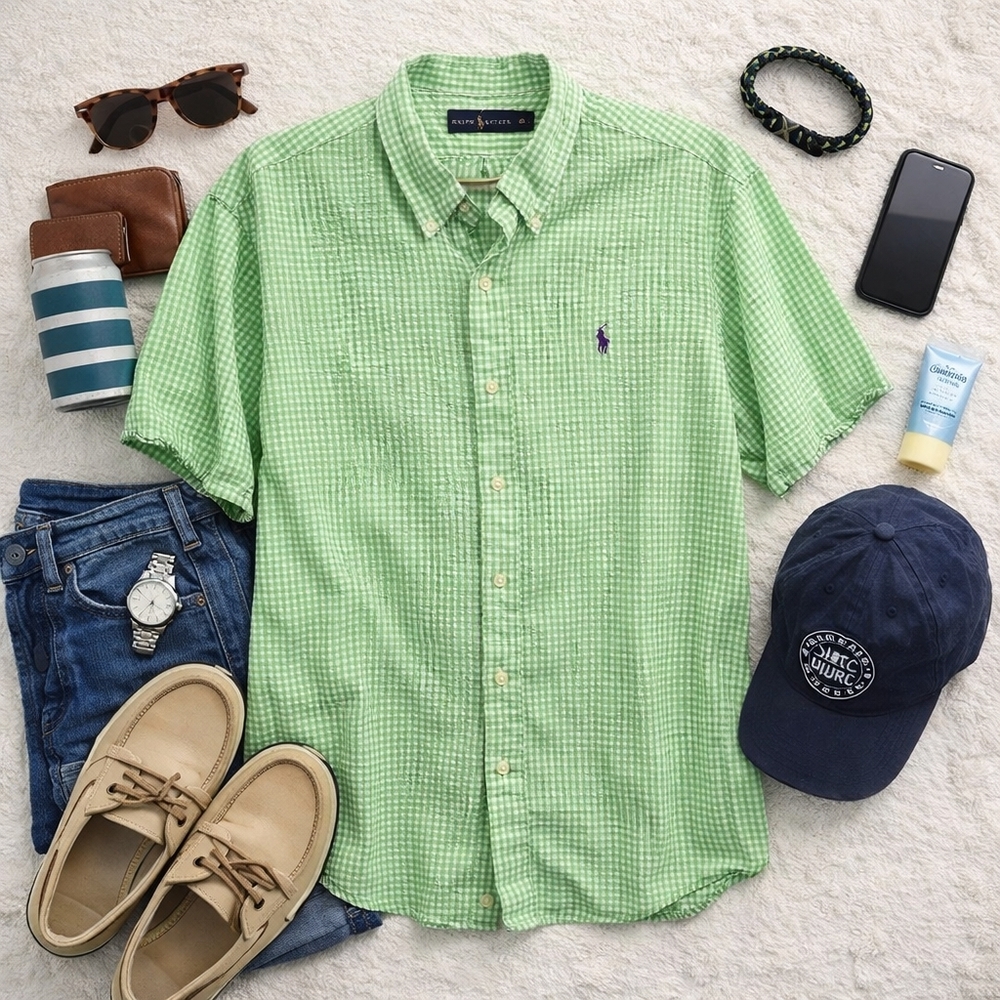 Ralph Lauren Green Gingham Seersucker Shirt Sleeve Button Cotton Shirt. Mens XXL
